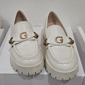 Guess White Chunky Lug Sole Loafers with Gold G Accent
